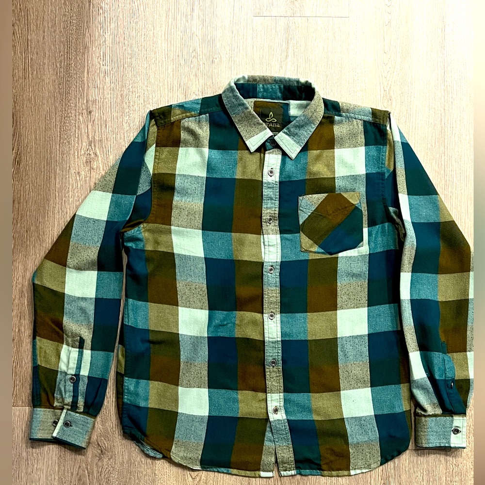 Prana Men’s Flannel Shirt - Size Large - Green/Turquoise/Tan/Brown